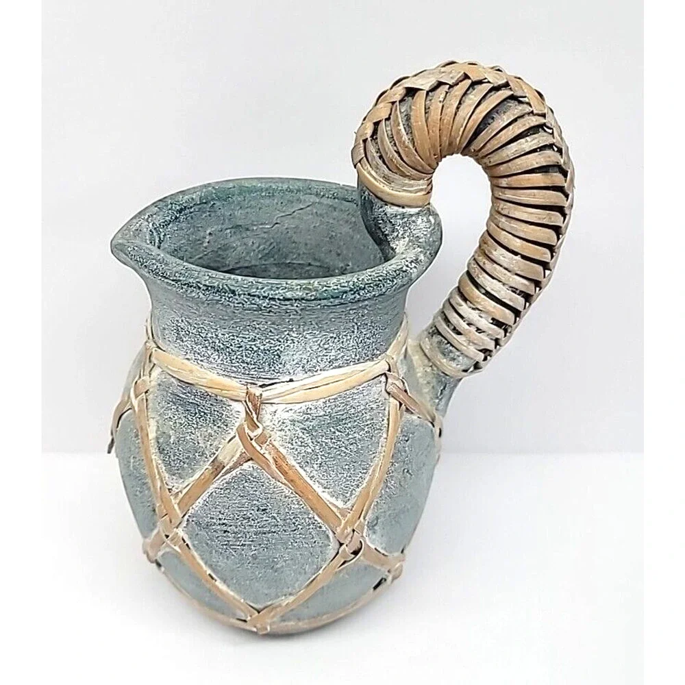 Vintage Coastal Rattan Wrapped Blue Terra‎ Cotta Pitcher 8.25